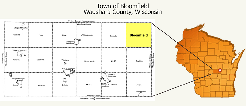 Map of Waushara County highlighting Town of Bloomfield
